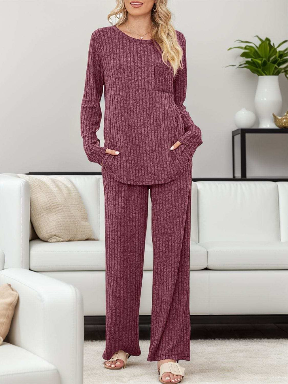 Round Neck Long Sleeve Top and Pants Set - Trendsi - Flyclothing LLC