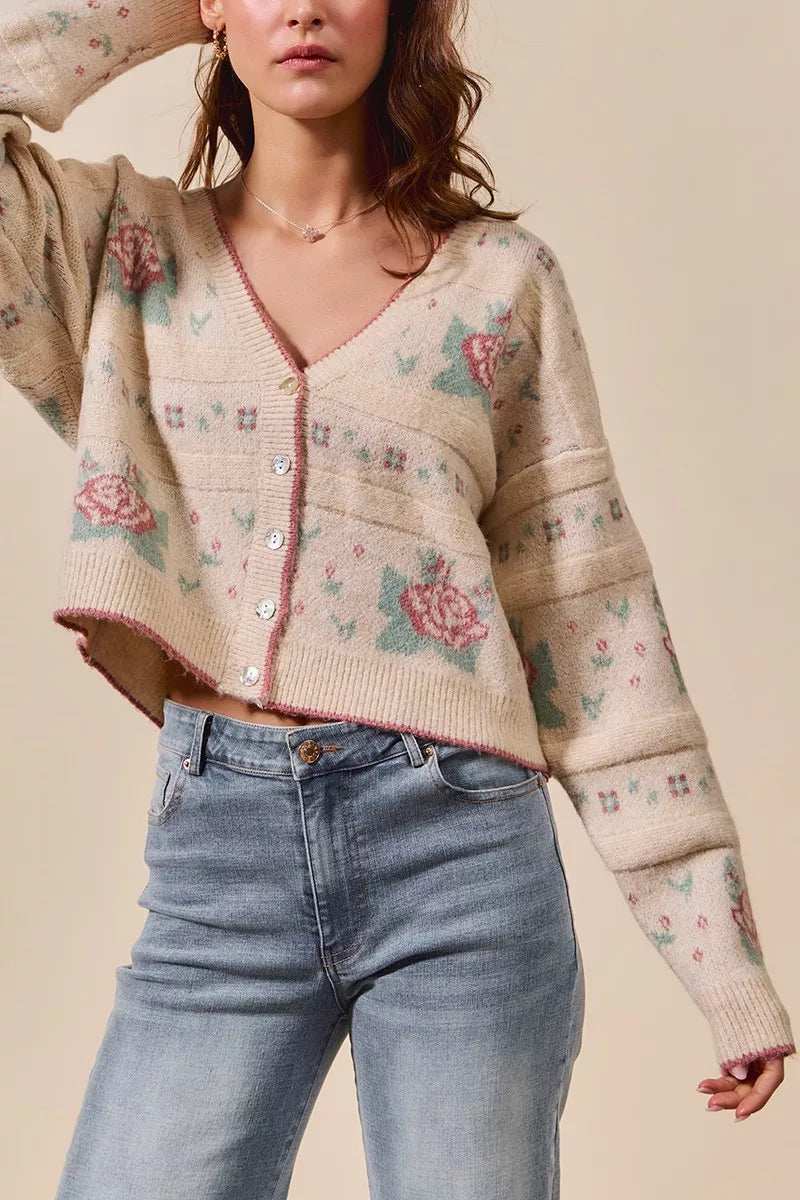 SO ME Floral Pattern Long Sleeve Button Sweater Cardigan - Trendsi - Flyclothing LLC