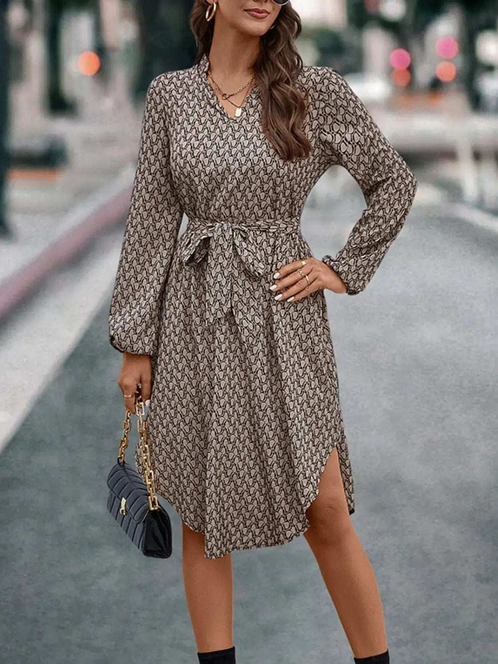 Tied Printed Notched Balloon Sleeve Dress - Trendsi - Flyclothing LLC