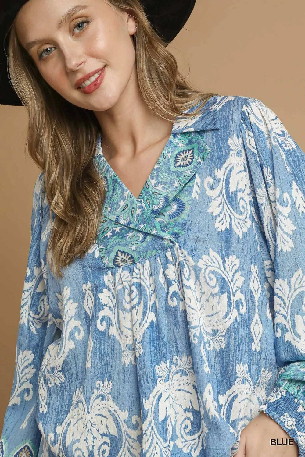 Umgee Printed Long Sleeve Blouse - Trendsi - Flyclothing LLC