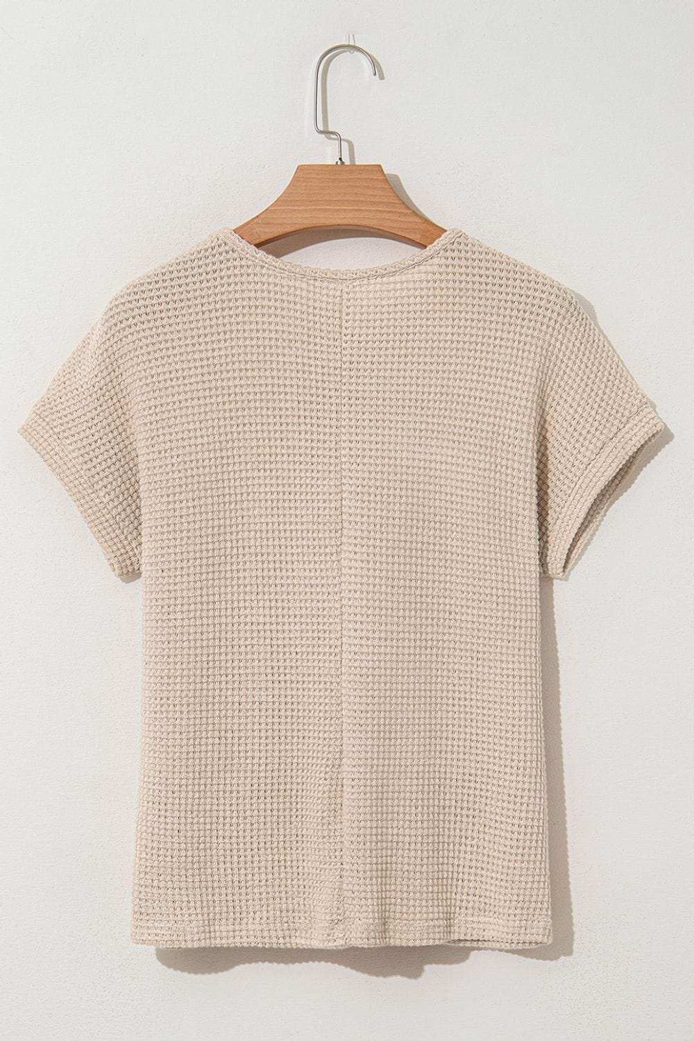 Lace Patchwork Waffle Short Sleeve Knit Top - Trendsi - Flyclothing LLC