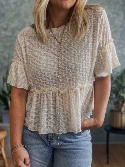 Frill Round Neck Half Sleeve Blouse - Trendsi - Flyclothing LLC