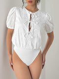 Perfee Tied Eyelet Short Sleeve Bodysuit - Trendsi - Flyclothing LLC
