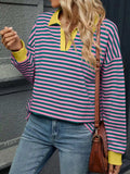Striped Johnny Collar Long Sleeve Sweatshirt - Trendsi - Flyclothing LLC