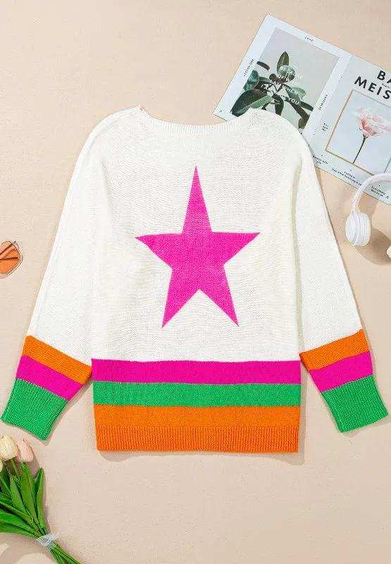 Star Contrast Round Neck Long Sleeve Knit Top - Trendsi - Flyclothing LLC