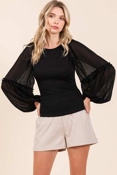 Mittoshop Mixed Media Textured Knit Chiffon Long Sleeve Top - Trendsi - Flyclothing LLC