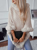 Fuzzy Trim Texture Three-Quarter Sleeve Poncho - Trendsi - Flyclothing LLC