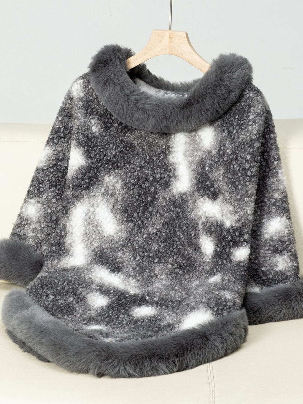 Furry Contrast Three-Quarter Poncho - Trendsi - Flyclothing LLC