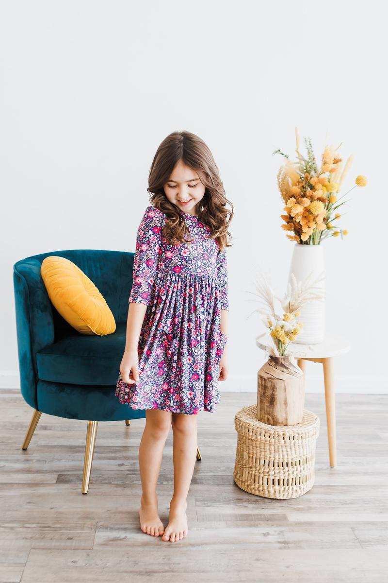 Flower Farm 3/4 Sleeve Pocket Twirl Dress - Mila & Rose ® - Flyclothing LLC