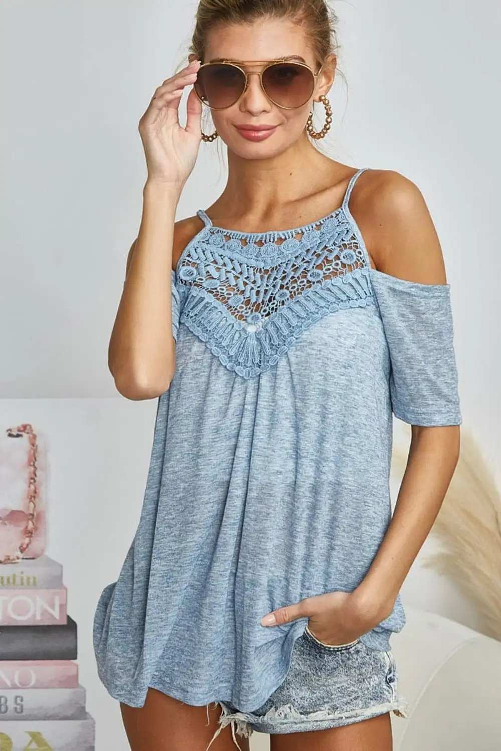 BiBi Front Crochet Lace Adjustable Strap Top - Trendsi - Flyclothing LLC