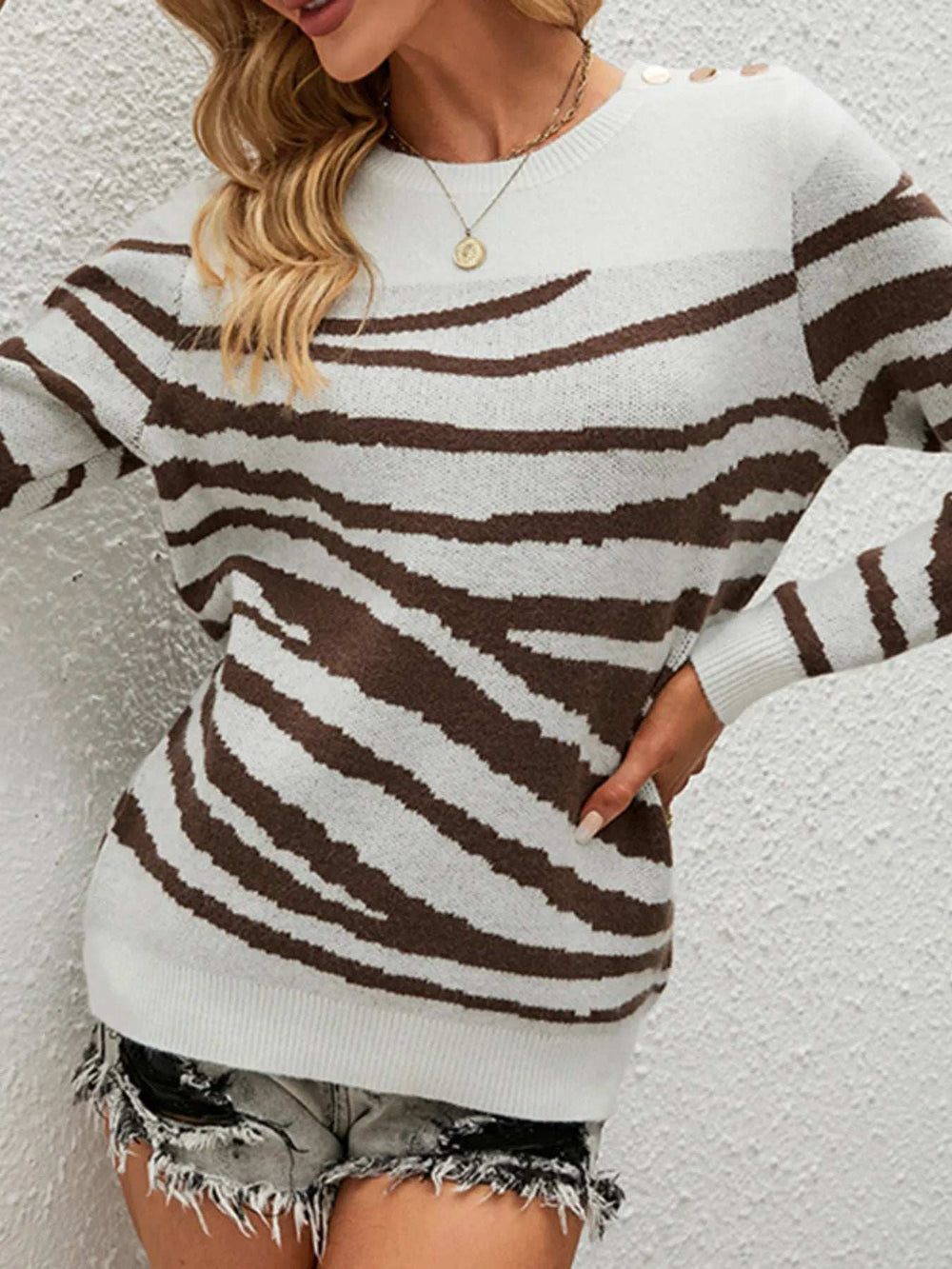 Zebra Print Round Neck Sweater - Trendsi - Flyclothing LLC