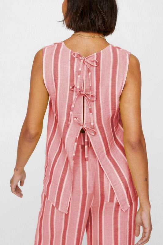 Tied Front Striped Top and Pants Set - Trendsi - Flyclothing LLC