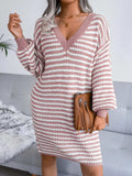 Striped V-Neck Long Sleeve Sweater Dress - Trendsi - Flyclothing LLC