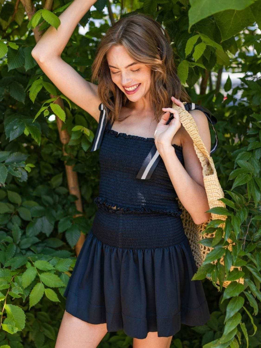 Smocked Tie Shoulder Top and Mini Skirt Set - Trendsi - Flyclothing LLC