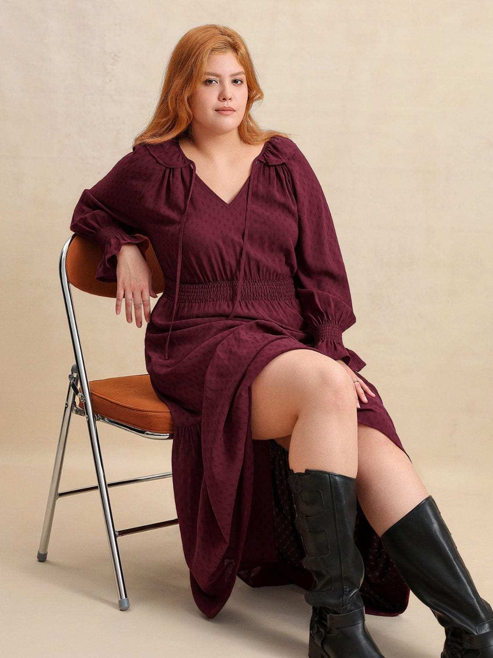 Plus Size Swiss Dot Tie Neck Flounce Sleeve Maxi Dress - Trendsi - Flyclothing LLC