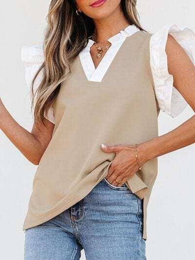 Ruffled Notched Cap Sleeve Top - Trendsi - Flyclothing LLC