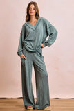 BiBi Two Tone Cord Rib Contrast Stitching V-Neck Top and Pants Set - Trendsi - Flyclothing LLC