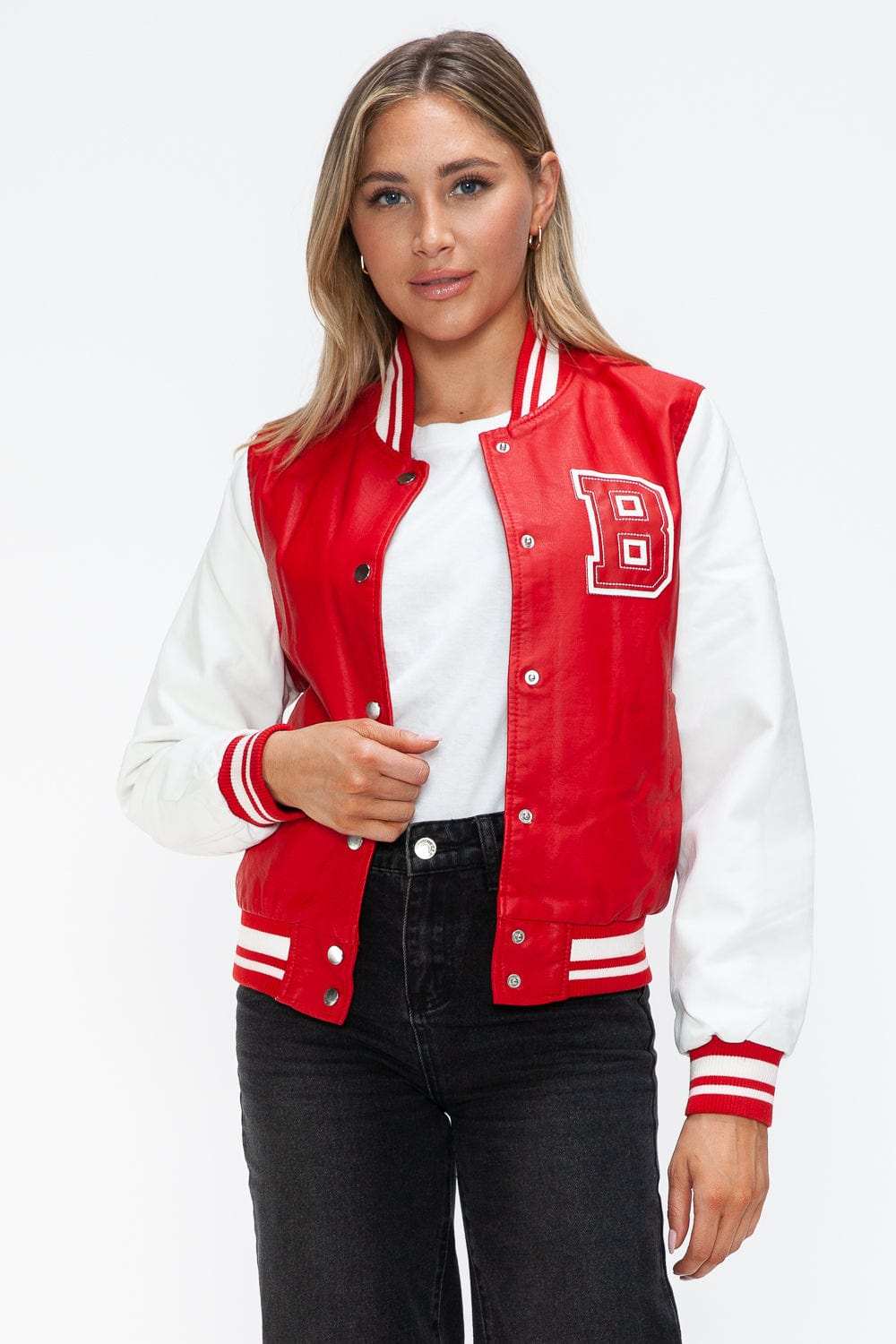 Love Me Now PU Leather Contrast Snap Down Bomber Jacket - Trendsi - Flyclothing LLC
