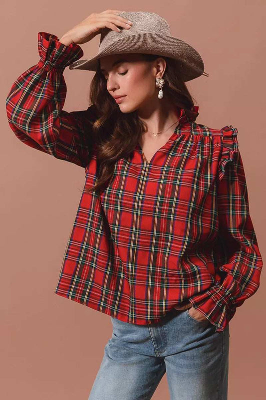 SO ME Christmas Checkered Plaid Smocked Blouse - Trendsi - Flyclothing LLC