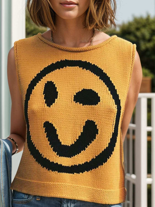 Smiley Round Neck Sweater Vest - Trendsi - Flyclothing LLC