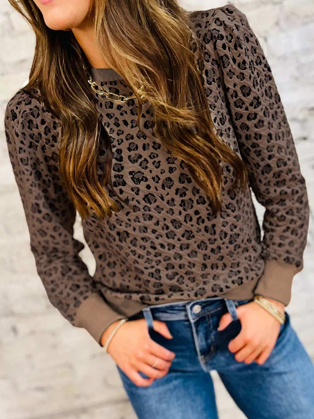 Ribbed Trim Leopard Print Long Sleeve Top - Trendsi - Flyclothing LLC
