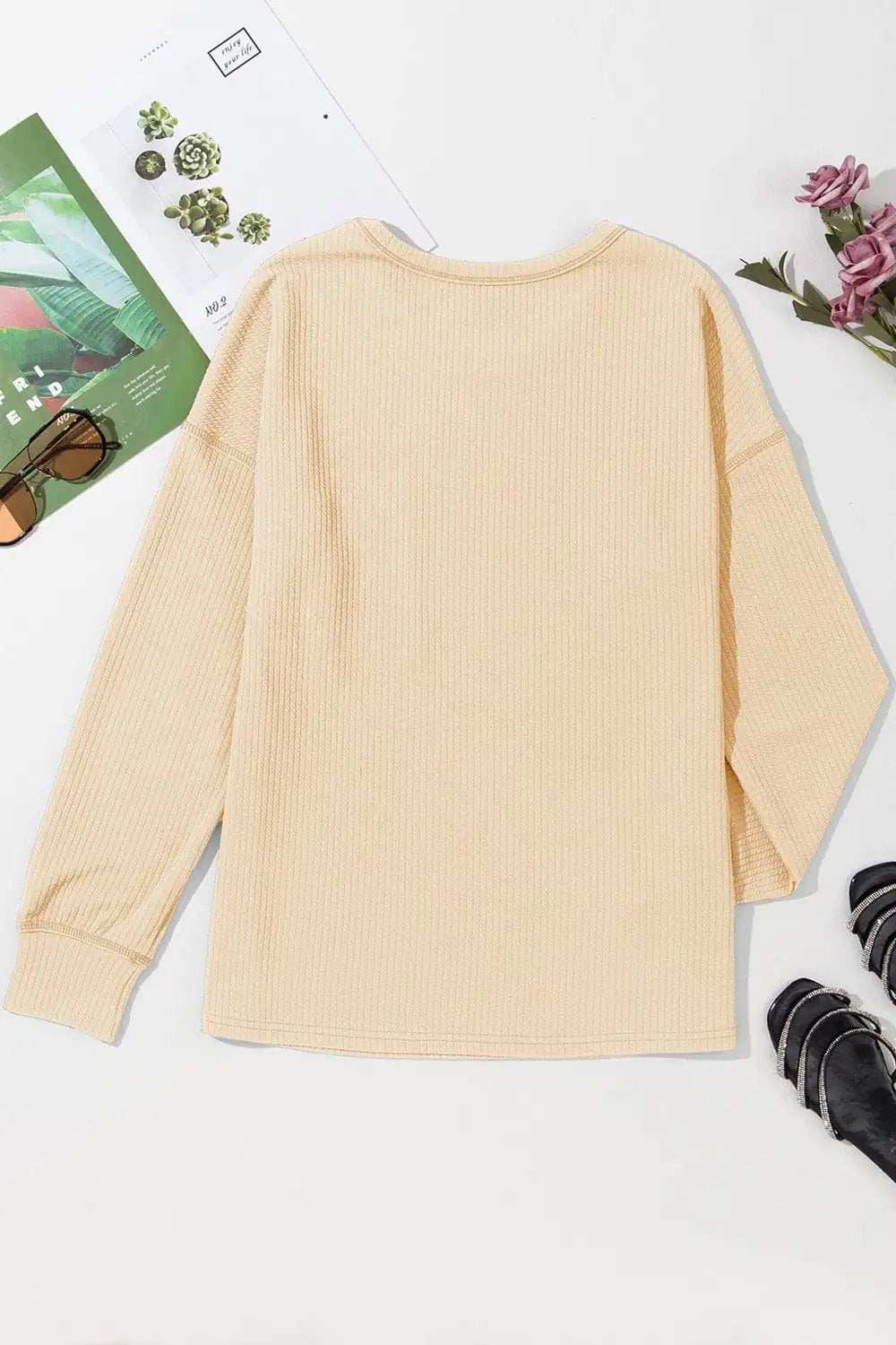 Pocketed Round Neck Long Sleeve Top - Trendsi - Flyclothing LLC