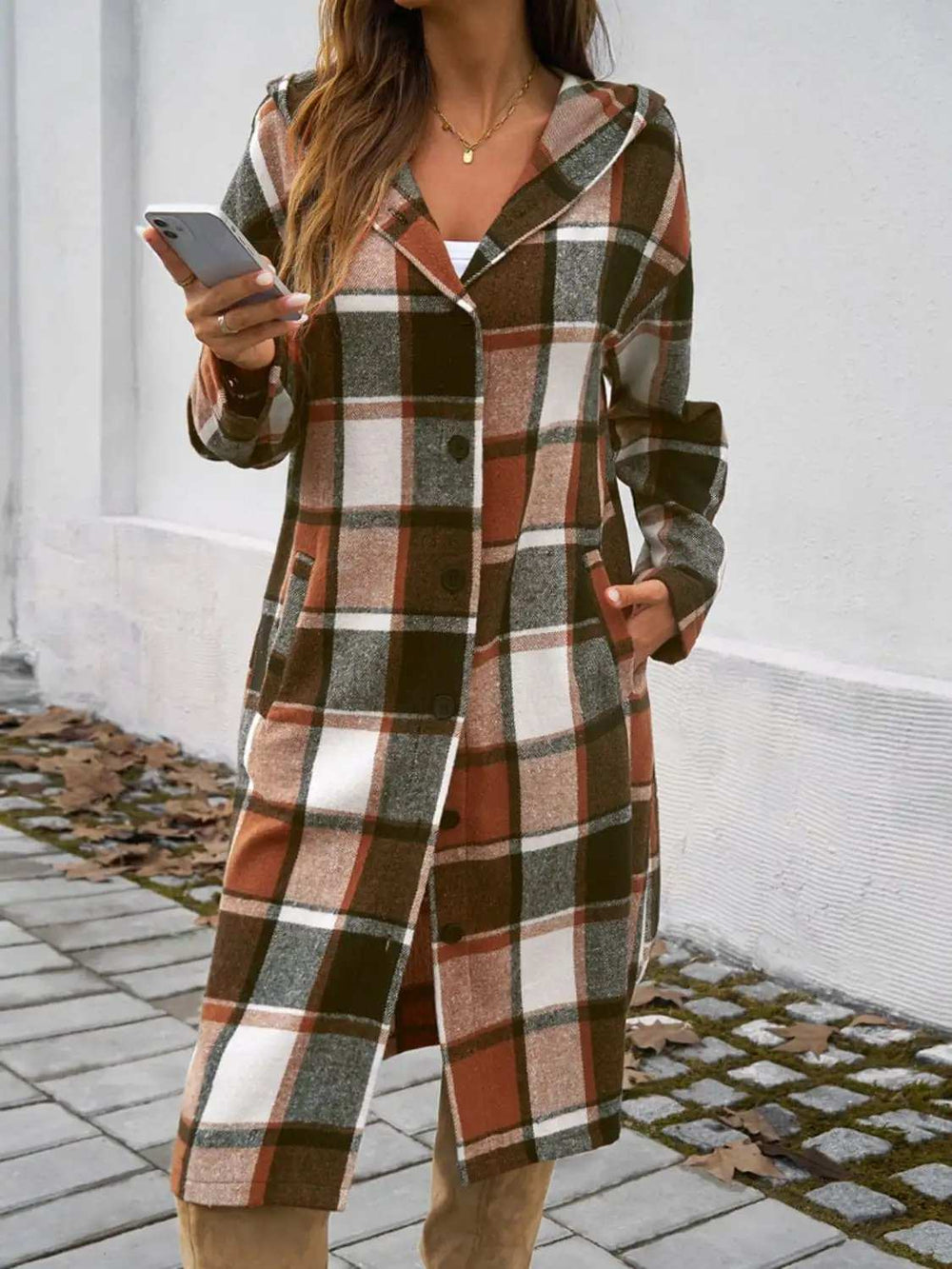 Plaid Long Sleeve Hooded Coat - Trendsi - Flyclothing LLC