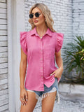 Ruffled Pocketed Collared Neck Cap Sleeve Denim Top - Trendsi - Flyclothing LLC