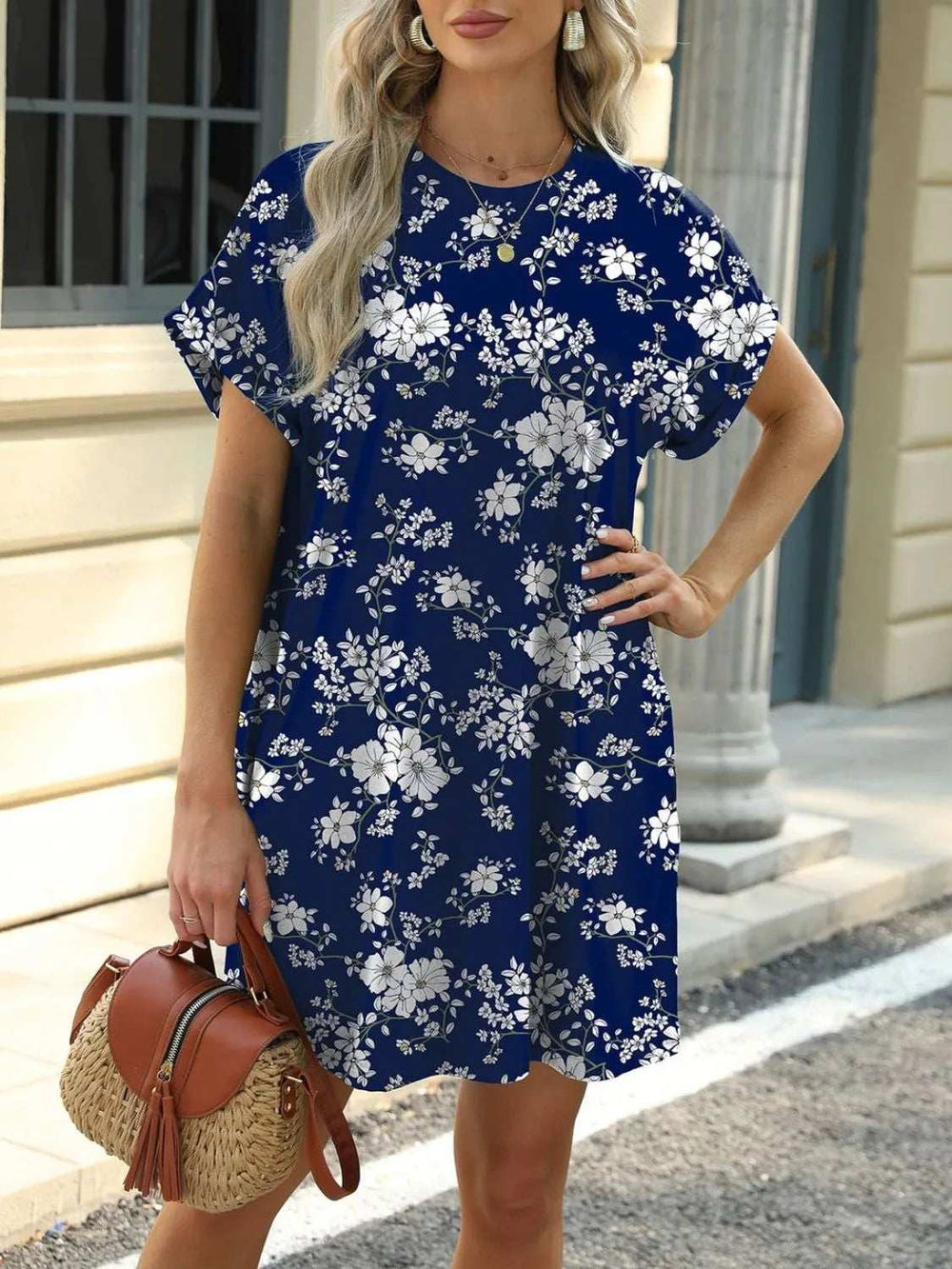 Printed Round Neck Short Sleeve Mini Dress - Trendsi - Flyclothing LLC