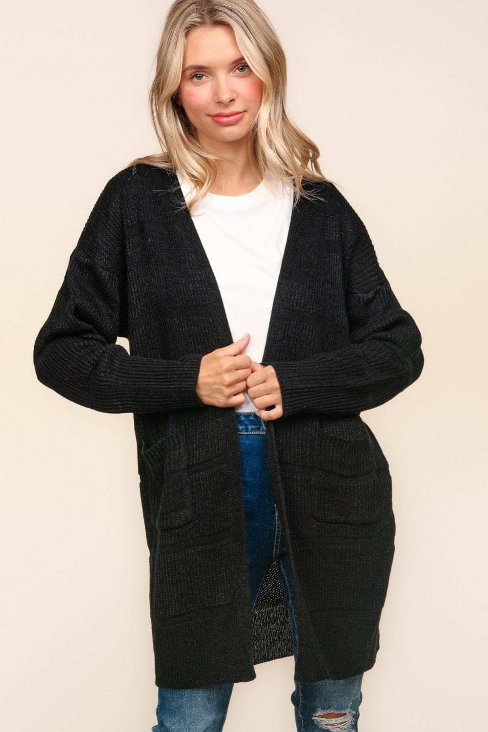Haptics Stripe Textured Open Front Cardigan with Pockets - Trendsi - Flyclothing LLC
