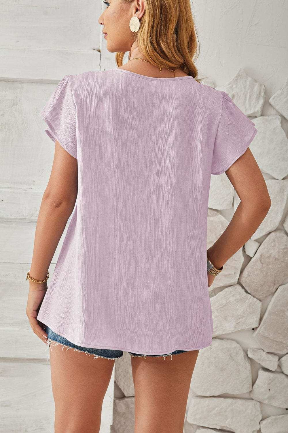 Ruched V-Neck Flounce Sleeve Blouse - Trendsi - Flyclothing LLC