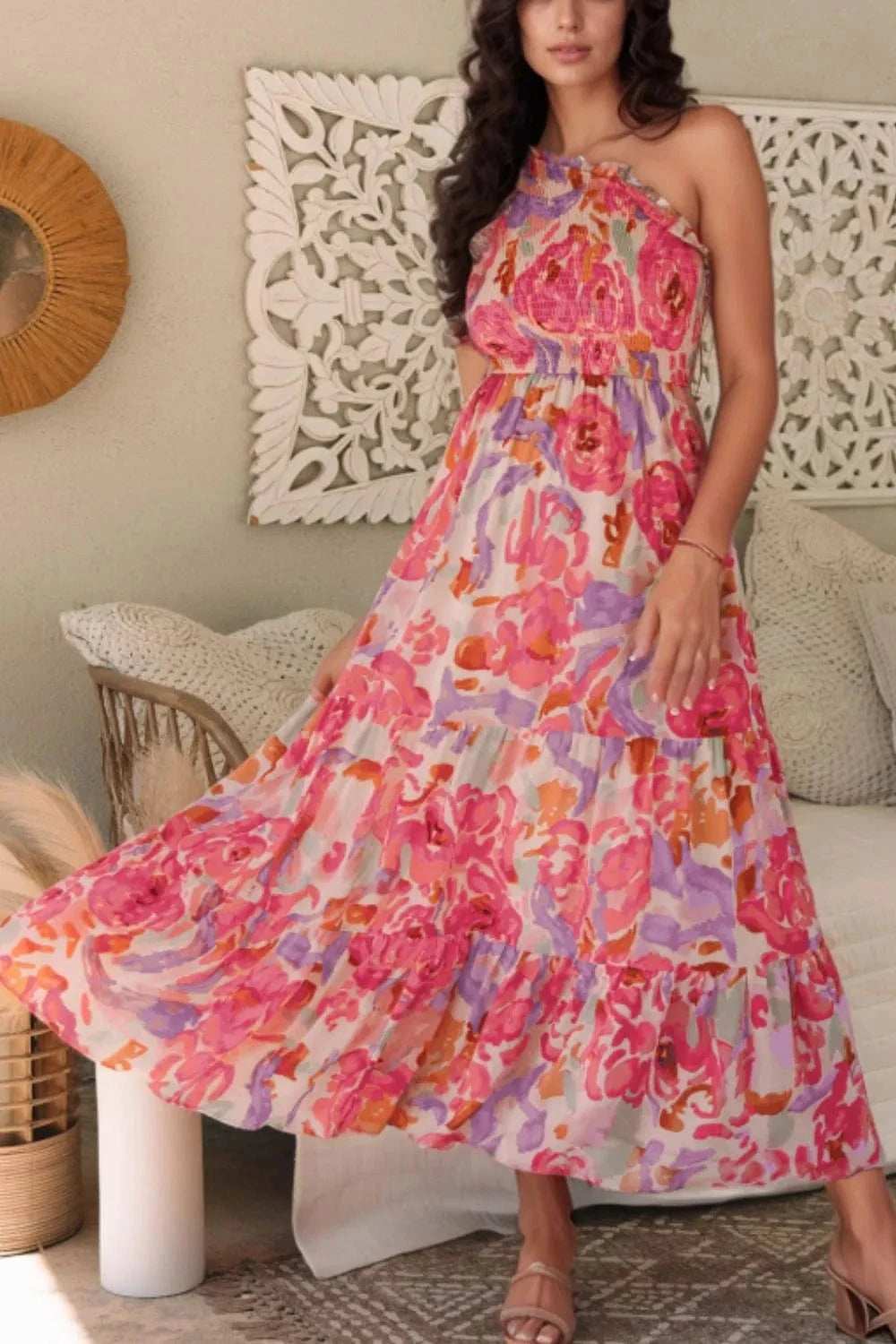 Floral Print Shirred One Shoulder Maxi Dress - Trendsi - Flyclothing LLC