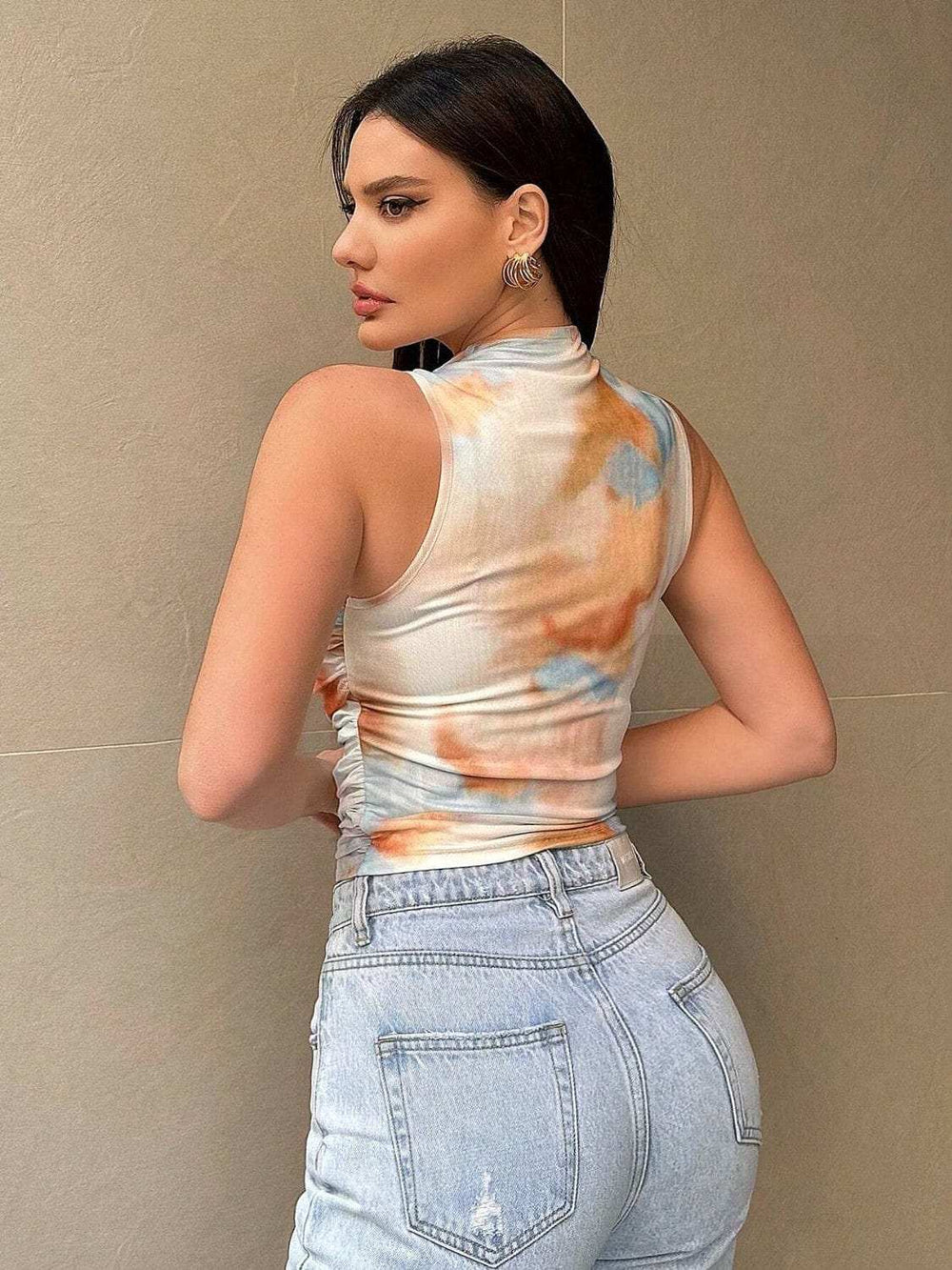 Printed Mock Neck Ruched Tank - Trendsi - Flyclothing LLC