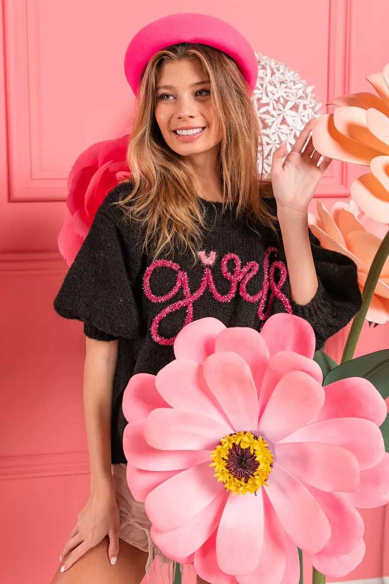 BiBi Metallic Letter Short Puff Sleeve Hairy Sweater - Trendsi - Flyclothing LLC