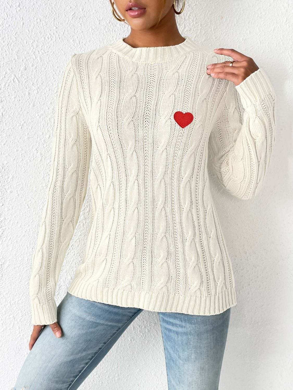 Cable-Knit Heart Round Neck Long Sleeve Sweater - Trendsi - Flyclothing LLC