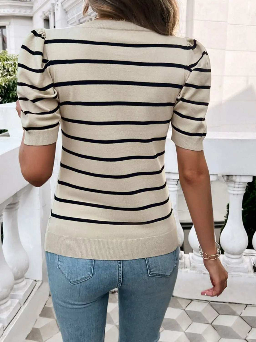 Striped Round Neck Puff Sleeve Knit Top - Trendsi - Flyclothing LLC