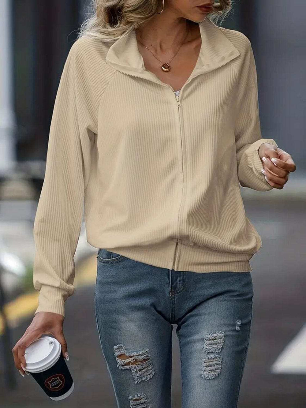 Zip Up Collared Neck Raglan Sleeve Jacket - Trendsi - Flyclothing LLC