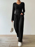 Ribbed V-Neck Long Sleeve Top and Pocketed Pants Set - Trendsi - Flyclothing LLC