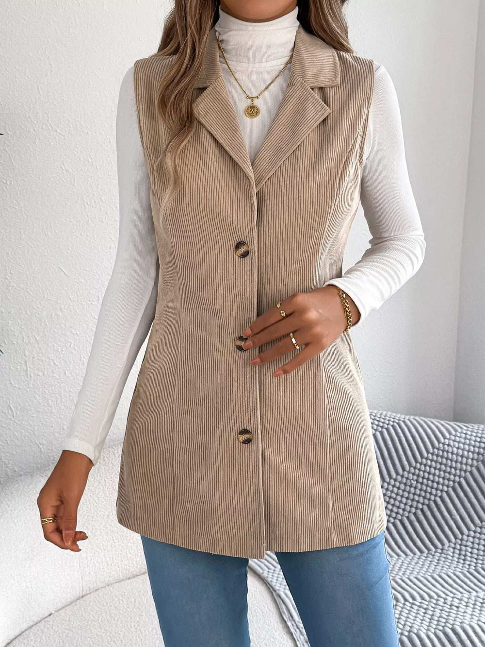 Button-Front Longline Vest Coat - Trendsi - Flyclothing LLC