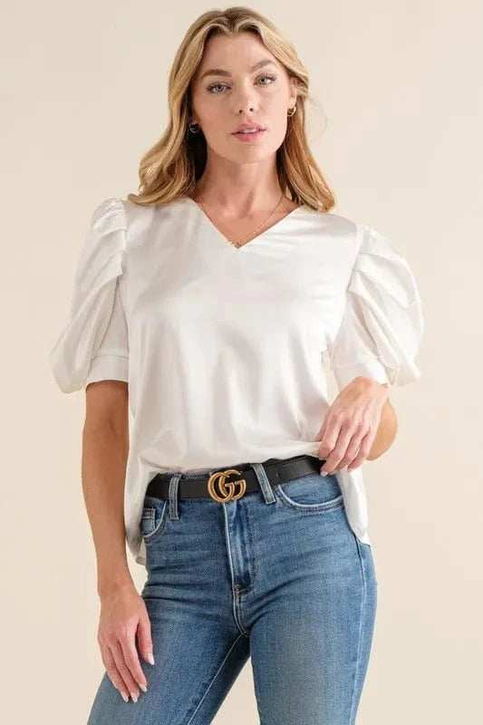 And The Why Plain Satin Puff Shirring V Neck Blouse Top - Trendsi - Flyclothing LLC