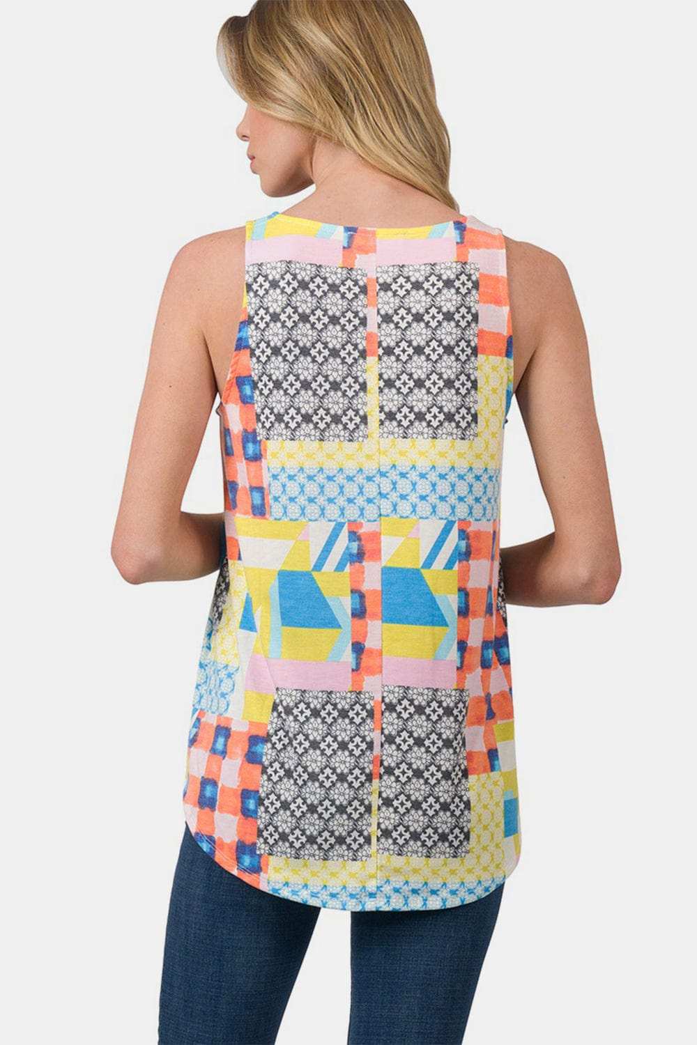 Zenana Printed Round Neck Curved Hem Tank - Trendsi - Flyclothing LLC