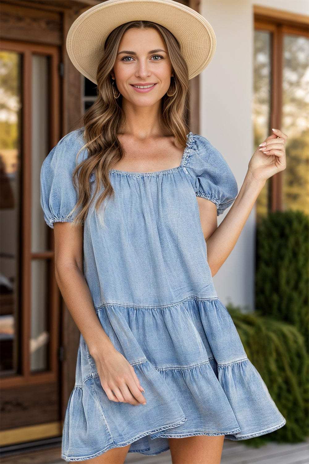 Square Neck Puff Sleeve Denim Dress - Trendsi - Flyclothing LLC