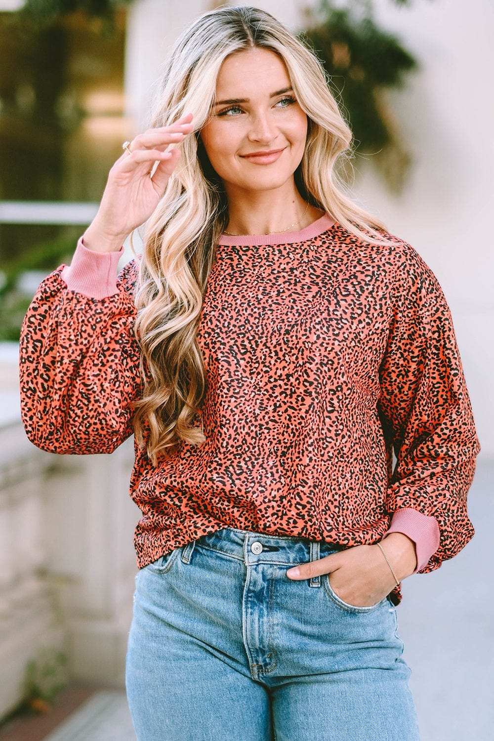 Leopard Round Neck Long Sleeve Sweatshirt - Trendsi - Flyclothing LLC