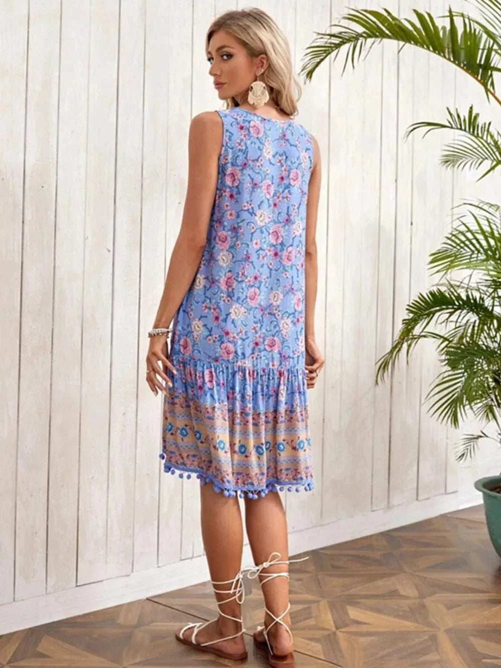 Tie Neck Sleeveless Floral Dress - Trendsi - Flyclothing LLC