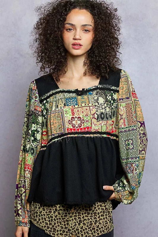 POL Balloon Sleeve Peplum Blouse with Trim Detail - Trendsi - Flyclothing LLC