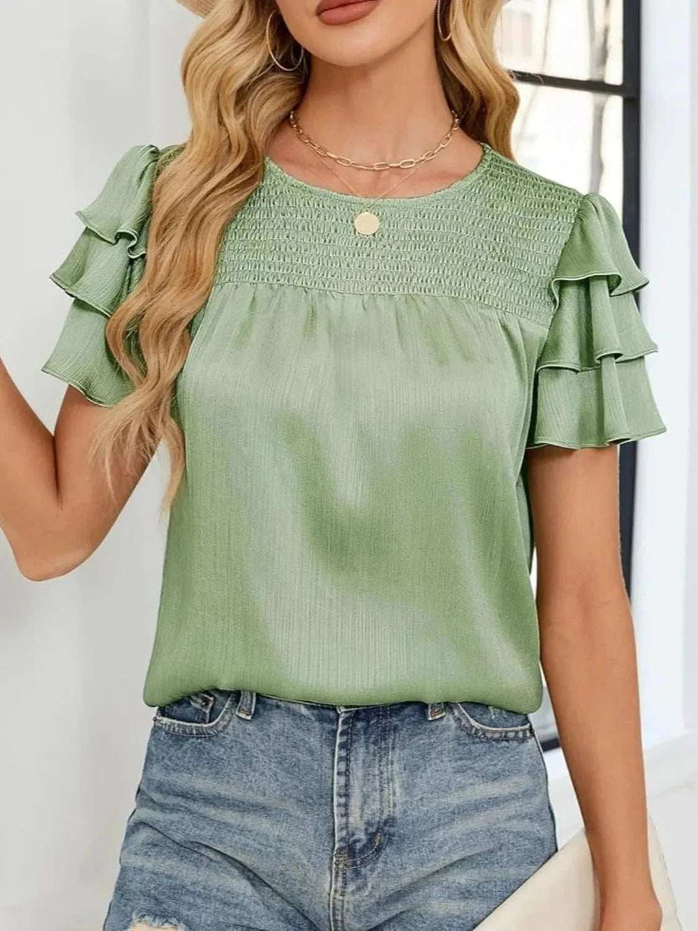 Smocked Round Neck Ruffled Layered Sleeve Blouse - Trendsi - Flyclothing LLC