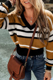 Contrast Stripes V Neck Long Sleeve Sweater - Trendsi - Flyclothing LLC