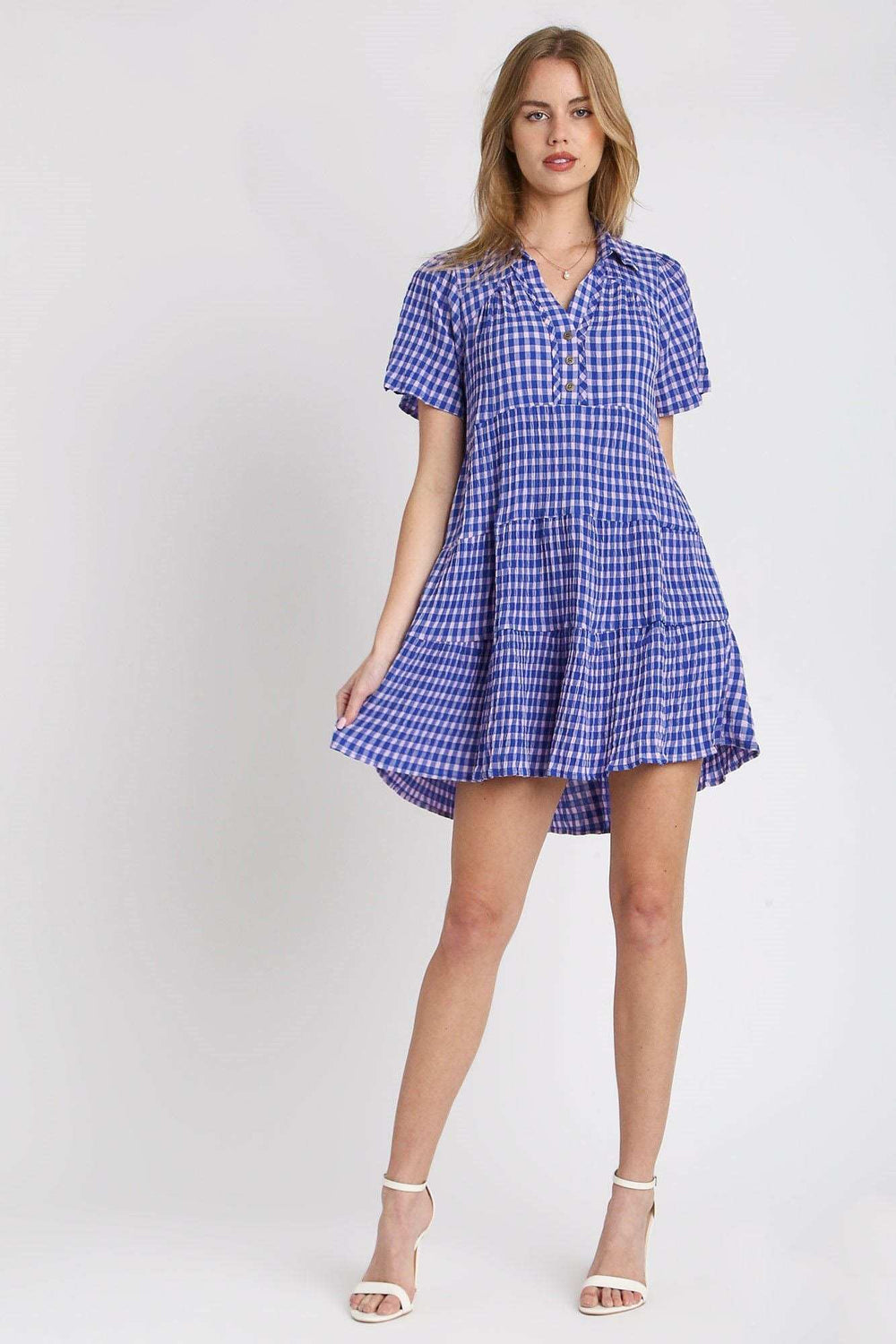 Umgee Full Size Gingham Tiered Button Detail Short Sleeve Dress Plus Size - Trendsi - Flyclothing LLC