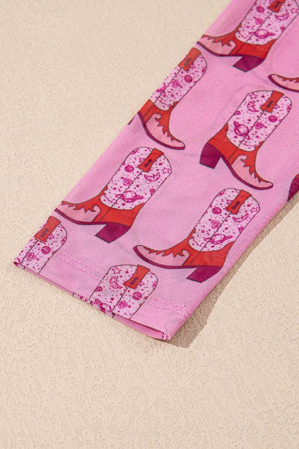 Cowgirl Boots Printed Mock Neck Long Sleeve Mesh Top - Trendsi - Flyclothing LLC