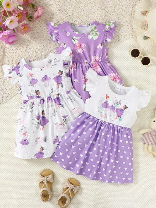 3-Piece Children's Printed Ruffle Sleeve Baby Dress - Trendsi - Flyclothing LLC